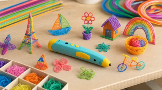 Ein bunter 3D-Stift liegt zusammen mit kleinen selbstgestalteten Figuren auf einem hellen Basteltisch