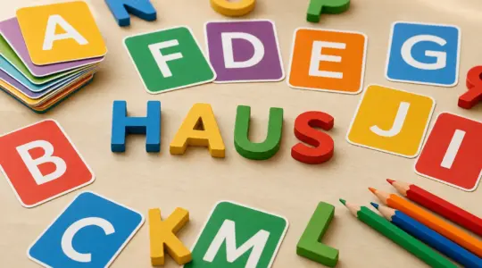 Bunte Buchstabenkarten und Holzbuchstaben eines Lernspiels liegen auf einem Tisch und bilden erste einfache Wörter