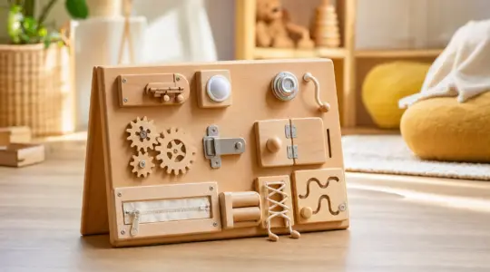 Hölzernes Activity Board für Kinder aus Naturholz mit Riegeln, Schaltern, Zahnrädern und Drehknöpfen in einem hellen Kinderzimmer
