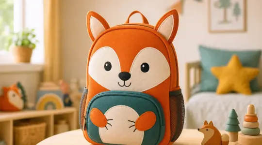 Ein fröhlicher Kinderrucksack in Form eines freundlichen Tieres steht aufrecht auf einem hellen Tisch in einem freundlichen Raum