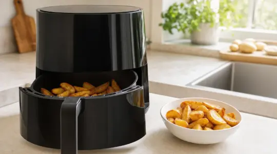 Ein moderner Airfryer steht auf einer hellen Küchenarbeitsplatte, daneben eine Schale mit knusprig gegarten Kartoffelspalten
