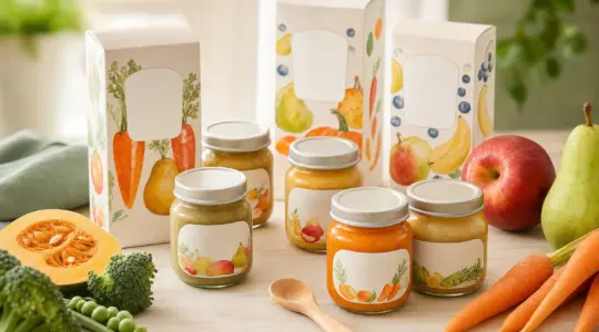 Mehrere Gläschen und Packungen Babynahrung mit Obst- und Gemüsemotiven stehen auf einem hellen Tisch neben einem Holzlöffel