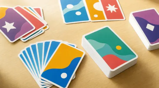 Bunte Spielkarten eines Kartenspiels liegen aufgefächert und als Stapel auf einem Tisch bereit zum Spielen