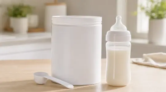 Eine Dose Säuglingsmilchnahrung mit Messlöffel und ein Fläschchen stehen ordentlich auf einem hellen Tisch