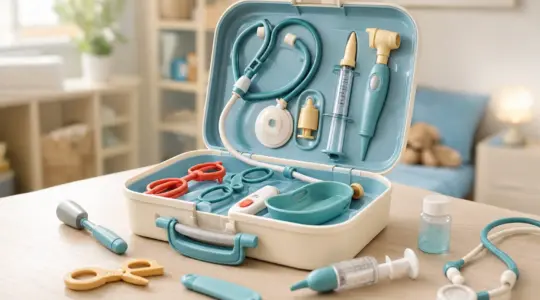 Geöffneter Kinder-Arztkoffer mit Spielzeug-Instrumenten wie Stethoskop, Spritze und Thermometer auf einem hellen Holztisch im Kinderzimmer