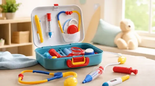 Ein Spielzeug-Arztkoffer mit Stethoskop und Zubehör steht geöffnet auf einem hellen Tisch im Kinderzimmer