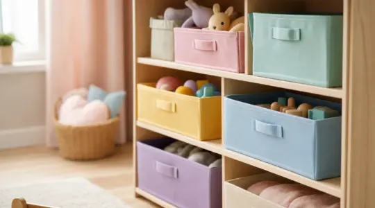 Mehrere bunte Stoff-Aufbewahrungsboxen in fröhlichen Pastelltönen ordentlich in einem hellen Holzregal in einem freundlichen Kinderzimmer