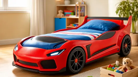Ein farbenfrohes Autobett in Form eines Rennwagens steht einladend in einem hellen, freundlichen Kinderzimmer
