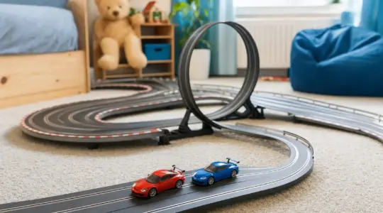 Bunte Kinder-Autorennbahn mit Looping und zwei kleinen Rennautos in Rot und Blau, aufgebaut auf einem hellen Teppich im Kinderzimmer