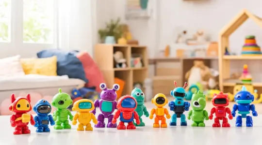 Mehrere bunte Superhelden-Actionfiguren stehen aufgereiht auf einer hellen Fläche bereit