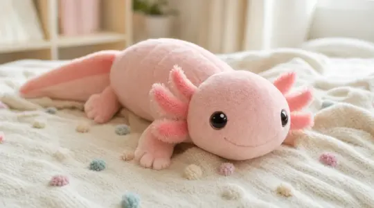 Ein niedliches weiches Axolotl-Plüschtier in zartem Rosa auf einer Kinderzimmer-Decke
