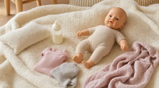 Eine Spielpuppe mit Zubehör wie Fläschchen und Kleidung liegt ordentlich auf einer hellen Decke bereit