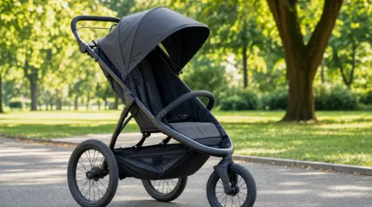 Ein sportlicher dreirädriger Jogging-Kinderwagen mit großen luftgefüllten Rädern steht auf einem sonnigen Weg in einem Park