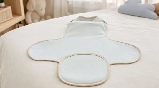Ein weicher Baby-Pucksack zum Einwickeln aus zartem Stoff in hellen Pastelltönen mit Klettverschluss ordentlich ausgebreitet auf einer hellen Bettdecke