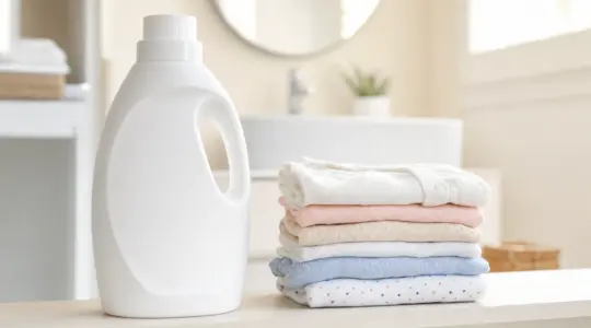 Eine schlichte Flasche Baby-Waschmittel steht neben ordentlich gefalteter heller Babykleidung auf einer Ablage