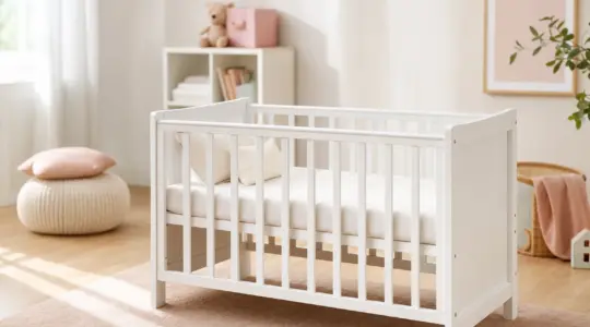Klassisches weißes Baby-Gitterbett aus Holz mit weißer Matratze und heller Bettwäsche in einem freundlichen Kinderzimmer