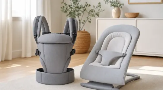 Eine Babytrage und eine Babywippe stehen ordentlich nebeneinander in einem hellen, freundlichen Raum