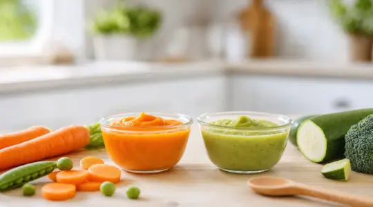 Zwei kleine Glasschälchen mit selbst gekochtem Babybrei in Orange und Grün, daneben frisches Gemüse und ein kleiner Holzlöffel auf einem hellen Holztisch