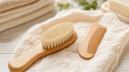 Weiche Baby-Haarbürste mit hellem Holzrücken und ein passender feiner Kamm nebeneinander auf einem hellen Holztisch