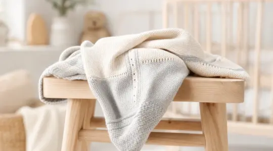 Kuschelige weiche Babydecke aus fein gestricktem Material in Creme und Hellgrau, locker gefaltet auf einem hellen Holzhocker