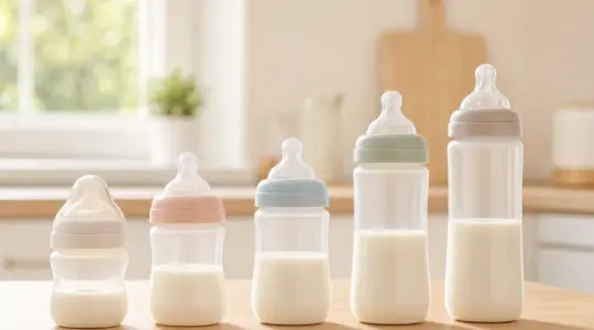 Mehrere Baby-Trinkflaschen aus Kunststoff in unterschiedlichen Größen mit weichen Saugern in zarten Farben auf einem hellen Holztisch