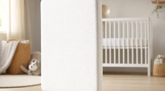 Weiße Babymatratze mit atmungsaktivem Wabenbezug, leicht aufgestellt in einem hellen Kinderzimmer vor einem Gitterbett