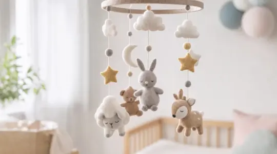 Ein zartes Baby-Mobile aus weichen Filz- und Stofffiguren wie Wolken, Sternen und kleinen Tieren in Pastelltönen, hängend in einem freundlichen Kinderzimmer