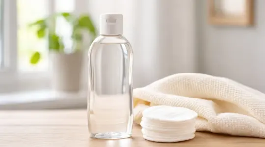 Eine schlichte neutrale Glasflasche mildes Babyöl, daneben ein paar Wattepads und ein weiches Tuch auf einem hellen Holztisch in einem hellen Raum
