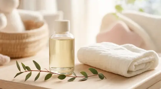 Eine kleine Glasflasche mildes Babypflegeöl steht neben einem weichen Tuch auf einer hellen Wickelkommode