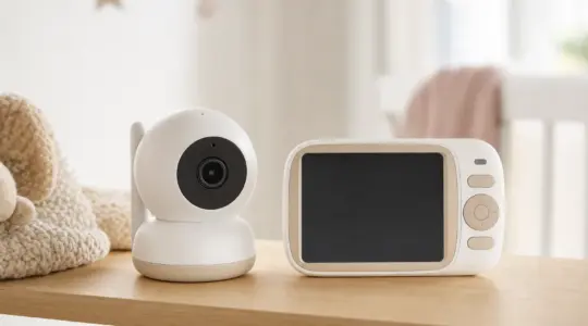 Babyphone-Set aus Kamera-Sendeeinheit und Empfänger mit ausgeschaltetem Display in neutralen Farben auf einem hellen Regal