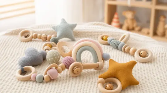 Mehrere bunte Babyrasseln aus Holz und Stoff mit Holzringen und Perlen auf einer hellen Strickdecke im Kinderzimmer