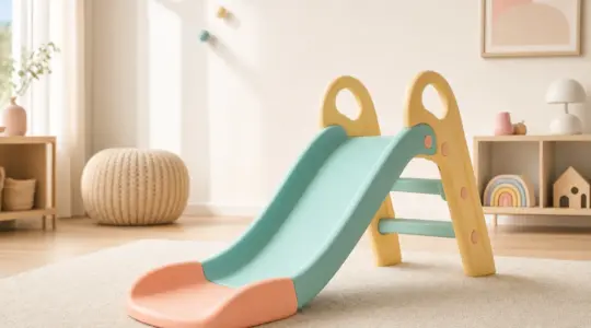 Eine niedrige, kindgerechte Babyrutsche aus Kunststoff in fröhlichen Farben steht standfest in einem hellen Kinderzimmer