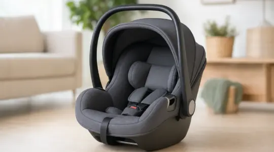 Moderne Auto-Babyschale in Anthrazit mit ergonomischem Tragebügel und weicher Polsterung auf einem hellen Holzboden