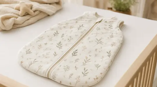 Weicher Baby-Schlafsack in zarten Naturtönen mit Reißverschluss auf einer hellen Matratze im Babyzimmer