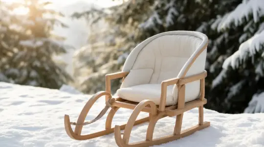 Ein klassischer Holzschlitten für Babys mit hoher Rückenlehne und weicher heller Polsterung im frischen Schnee in einer sonnigen Winterlandschaft