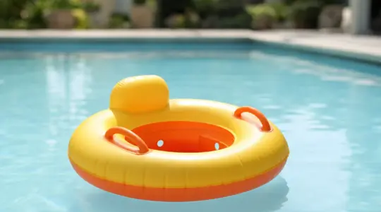Aufblasbarer Baby-Schwimmsitz in Gelb und Orange mit Sitzöffnung und Haltegriffen, schwimmend auf der Wasseroberfläche eines Pools