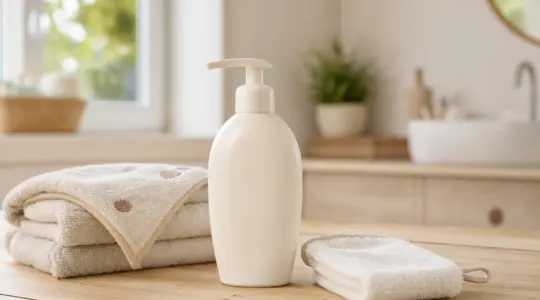 Eine schlichte neutrale Pumpflasche mildes Babyshampoo, daneben ein weiches gefaltetes Handtuch und ein kleiner Waschlappen auf einem hellen Holztisch im Badezimmer