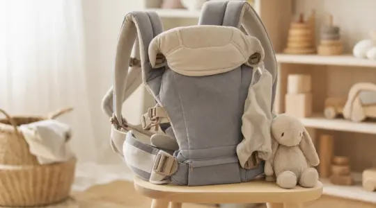 Ergonomische Babytrage aus weichem Stoff auf einem Holzhocker im hellen Kinderzimmer