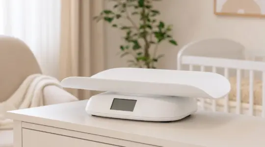 Moderne digitale Babywaage mit breiter weißer Wiegeschale auf einer hellen Kommode in einem ruhigen Kinderzimmer