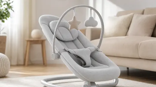 Moderne Babywippe mit hellgrauem Sitzbezug, kleinem Spielbogen und gebogenem Gestell in einem hellen Wohnzimmer