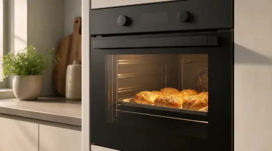 Ein moderner Einbaubackofen in einer hellen Küchenzeile, durch die Glastür ist ein Blech mit Gebäck zu sehen