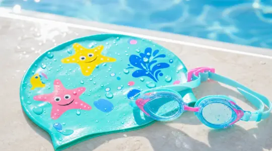 Eine fröhlich bunte Badekappe für Kinder liegt zusammen mit einer Schwimmbrille auf einem hellen, sommerlichen Untergrund