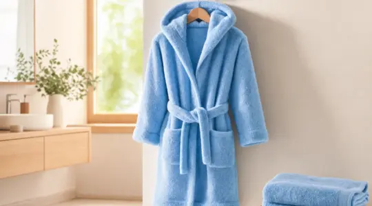 Ein flauschiger Kinderbademantel mit Kapuze in fröhlicher Farbe hängt ordentlich an einem Haken in einem hellen Badezimmer