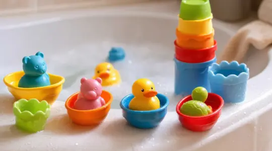Buntes Kinder-Badespielzeug mit kleinen Booten und Bechern am Rand einer hellen Badewanne mit Wasser und Schaum