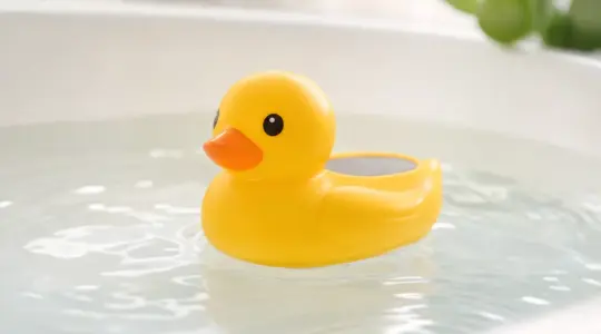 Niedliches Baby-Badethermometer in Form einer gelben Ente schwimmt auf der Wasseroberfläche einer hellen Babybadewanne