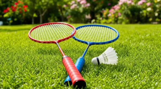 Zwei leichte Badmintonschläger für Kinder liegen mit einem Federball auf einer sonnigen Wiese im Garten