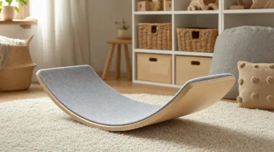 Ein geschwungenes Balancierboard aus Holz steht einladend auf einem weichen Teppich in einem hellen Kinderzimmer