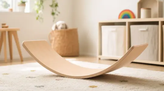 Gebogenes Holz-Balancierbrett aus hellem Holz mit glatter Oberfläche auf einem hellen Teppich im Kinderzimmer