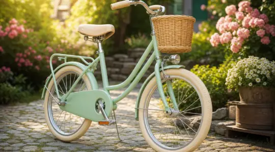 Ein Kinderfahrrad im Retro-Stil in Pastellfarbe auf einem Gartenweg