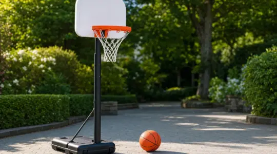 Ein höhenverstellbarer Basketballkorb mit Standfuß steht einsatzbereit auf einer sonnigen Einfahrt vor grünem Hintergrund